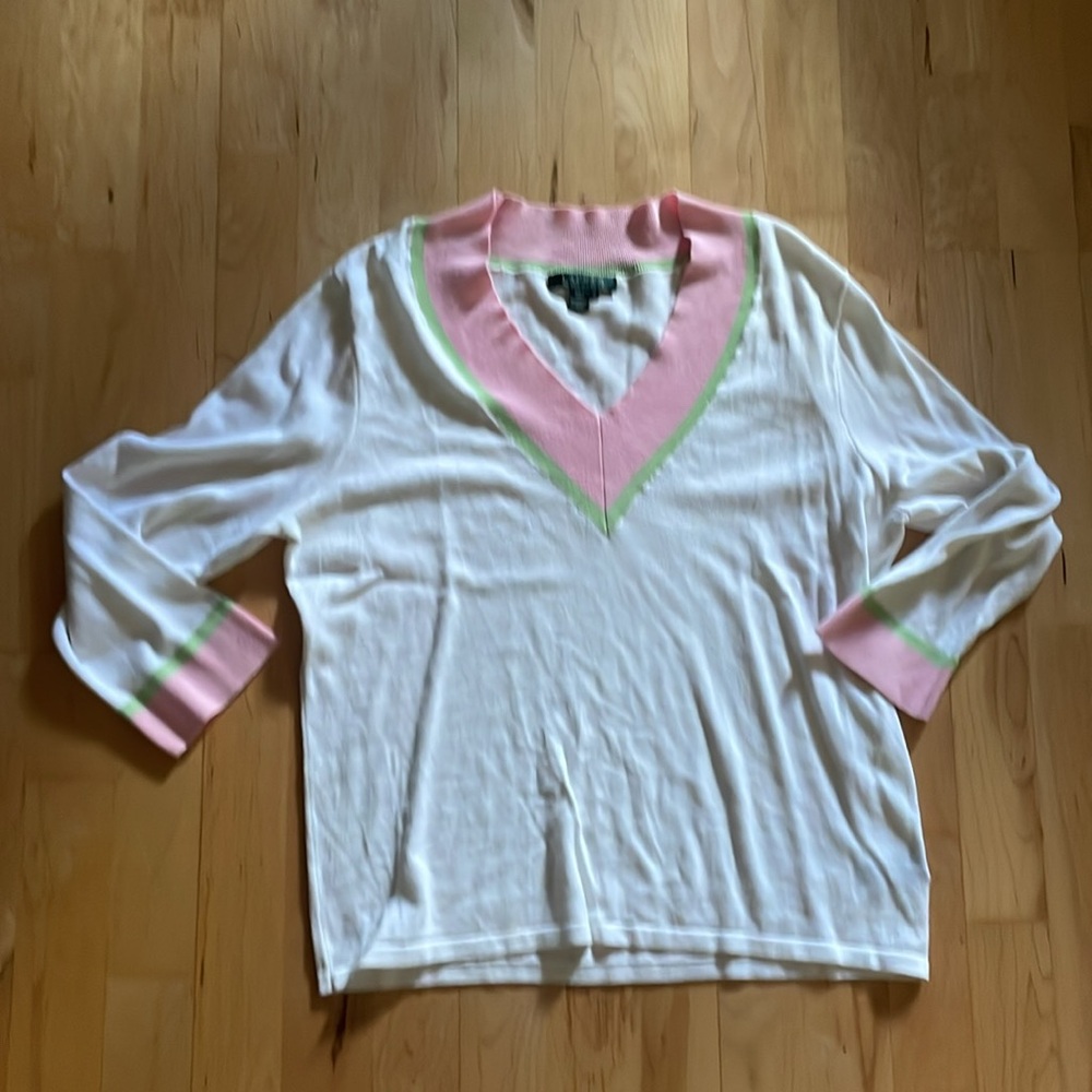 Lauren Ralph Lauren V-Neck Sweater XL Cotton  3/4 Sleeve Preppy White/Pink/Lime